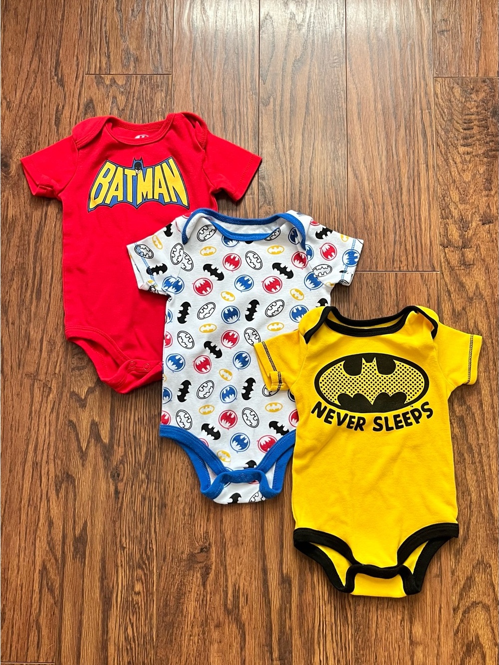 DC Comics Batman Baby One-Piece Bodysuit Set of 3- Red, White, Yellow- 12 month